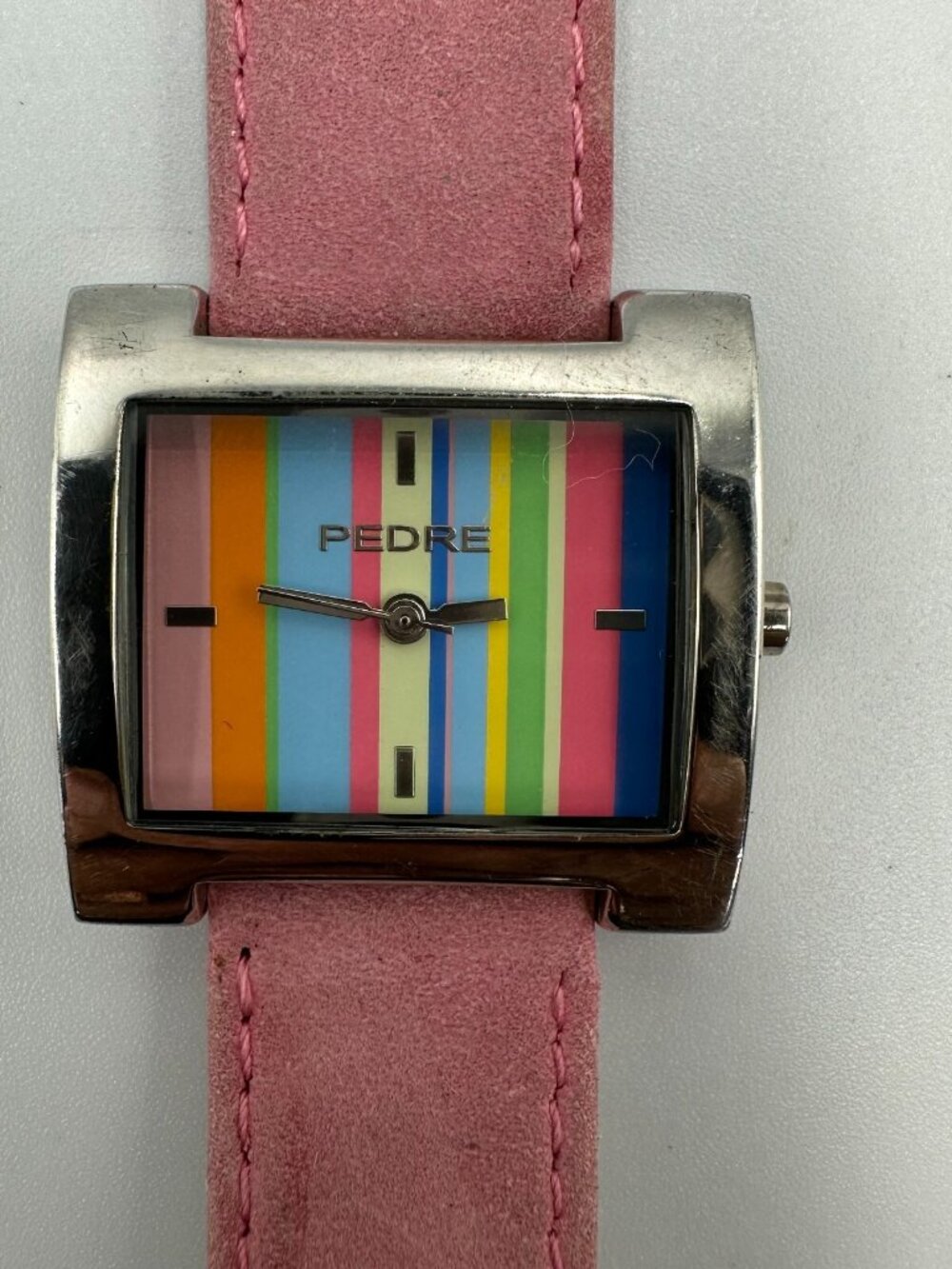 3/$30 Pedre Watch Women Silver Tone Striped Dial Pink Suede Band  8.5 Inch